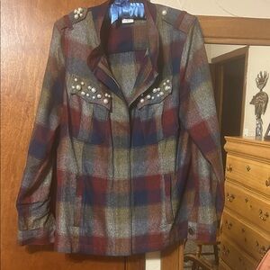 CAbi Plaid Pearl-Accent Pea Coat - Blue & Burgundy